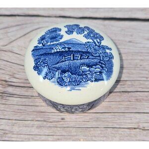 Adams English Ironstone Blue & White Covered Trinket Box With Scenic & Floral De
